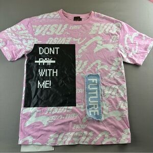 Evisu Pink Short-Sleeve Graphic Tee with Black Patch and Denim 'FUTURE' Patch
